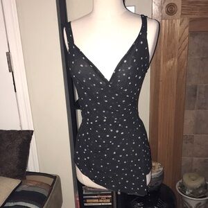 Black stretchy top with white specks (dots)